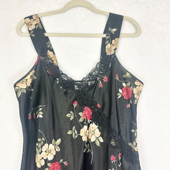 Vintage Adonna Floral Satin Midi Slip Dress Size Medium Lace Whimsigoth - Picture 3 of 5